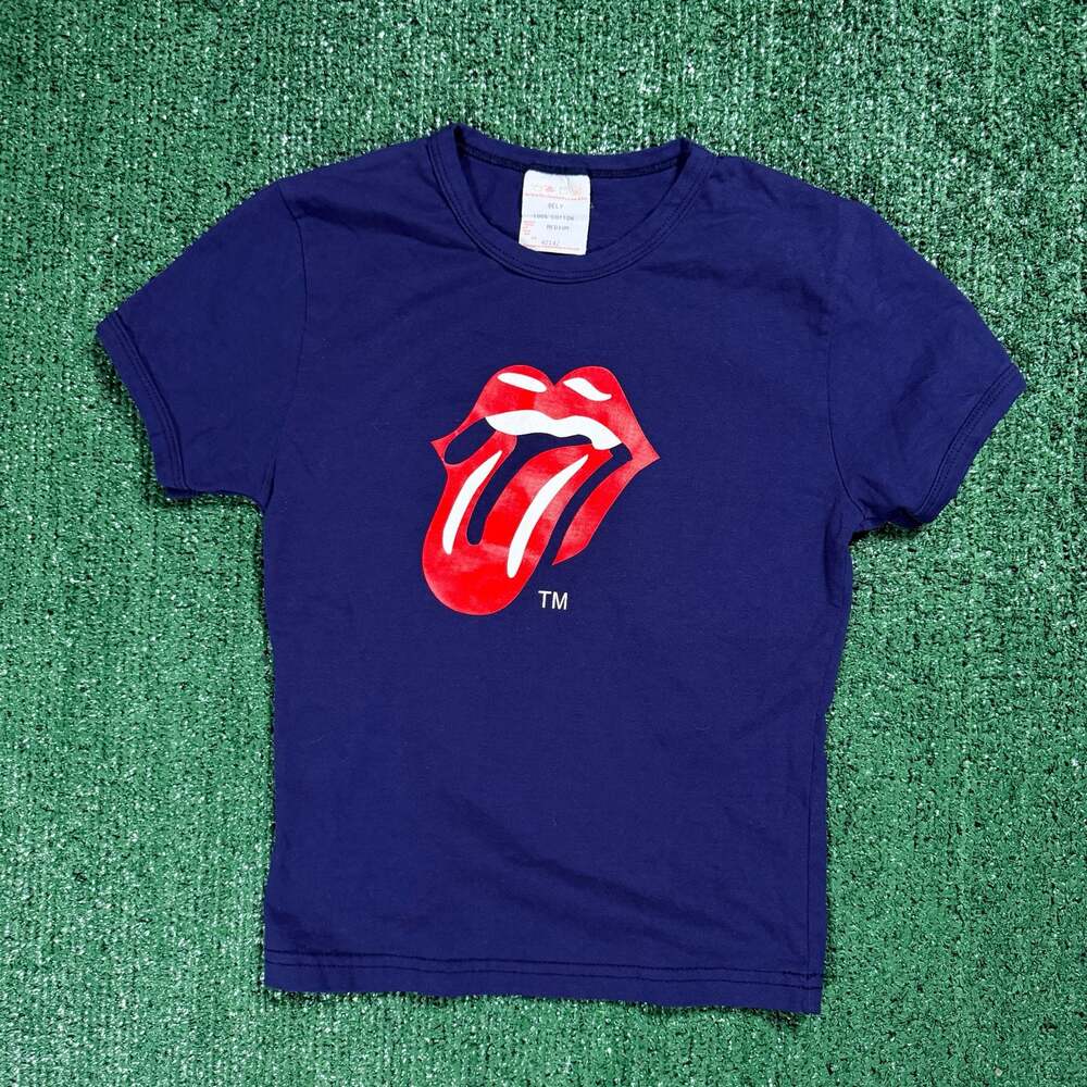 Womens The Rolling Stones Baby Tee T-Shirt Classic Tongue Navy Blue Medium